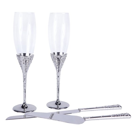 Crystal Collection Toasting Flutes & Cake Serving Set in Silver - Picture 1 of 5